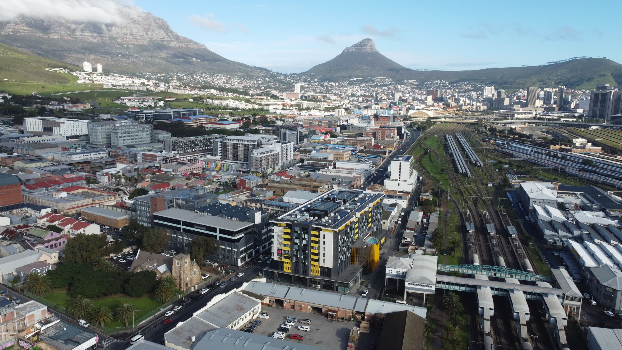 Aerial exterior with mountain backdrop